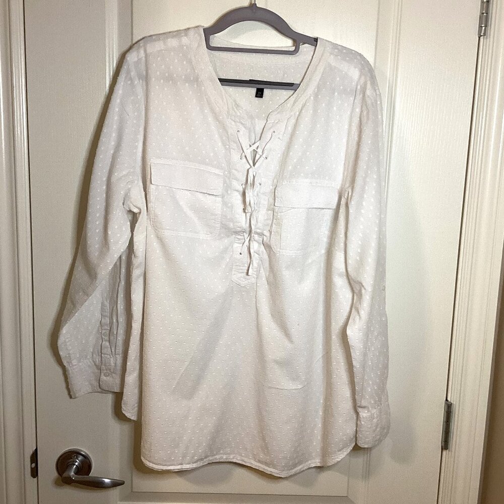 Talbots Women's White Swiss Dot Lace Up Henley Style Roll-Up Tab Sleeve Blouse
